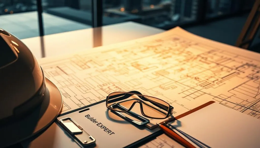 A detailed architectural blueprint unfolds on a drafting table, illuminated by a warm, focused light. Intricate schematics and technical annotations cover the surface, conveying the complex planning required for a construction project. In the foreground, a hardhat, safety goggles, and a clipboard with papers symbolize the preliminary stage of construction, where Builder Expert professionals analyze and strategize. The background features a blurred city skyline, hinting at the broader context and scale of the undertaking. The scene exudes a sense of organized preparation, technical precision, and the anticipation of bringing a construction vision to life.