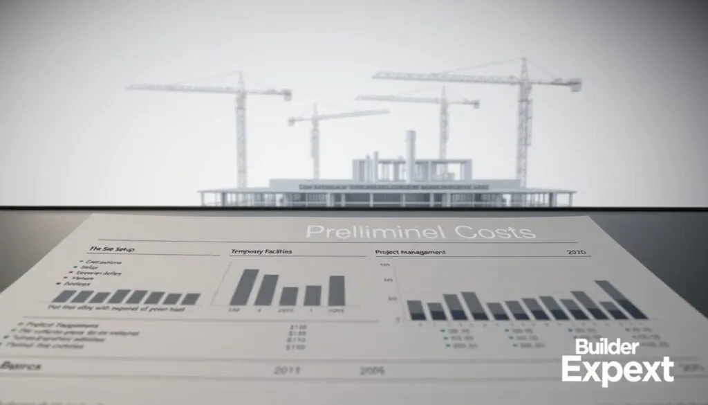 A detailed breakdown of construction preliminaries costs, showcased in a clean, minimalist style. In the foreground, a series of charts and graphs displaying the various cost components, such as site setup, temporary facilities, and project management. The middle ground features a sleek, architectural rendering of a construction site, with cranes and scaffolding in the background. The overall atmosphere is one of precision and professionalism, with muted tones and crisp lighting, conveying the technical expertise of "Builder Expert".