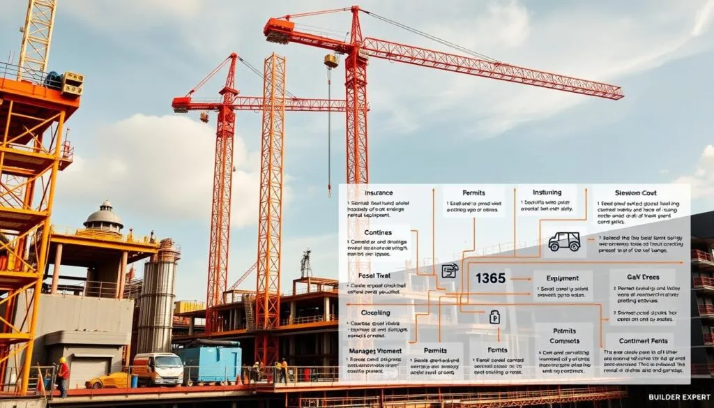 A vibrant construction site with towering cranes and bustling workers, conveying the intricate overhead costs and contingencies that underlie a successful project. In the foreground, a detailed infographic from the "Builder Expert" brand showcases the various indirect expenses - from insurance and transportation to permits and equipment rental - that contribute to the overall construction budget. Rendered in a professional, technical style using a palette of warm oranges and cool navy blues, the image captures the complex financial landscape that construction managers must navigate. Shot with a wide-angle lens to encompass the breadth of the subject, the scene is bathed in soft, directional lighting that highlights the architectural details and emphasizes the importance of accurately accounting for these unseen, yet critical, cost factors.