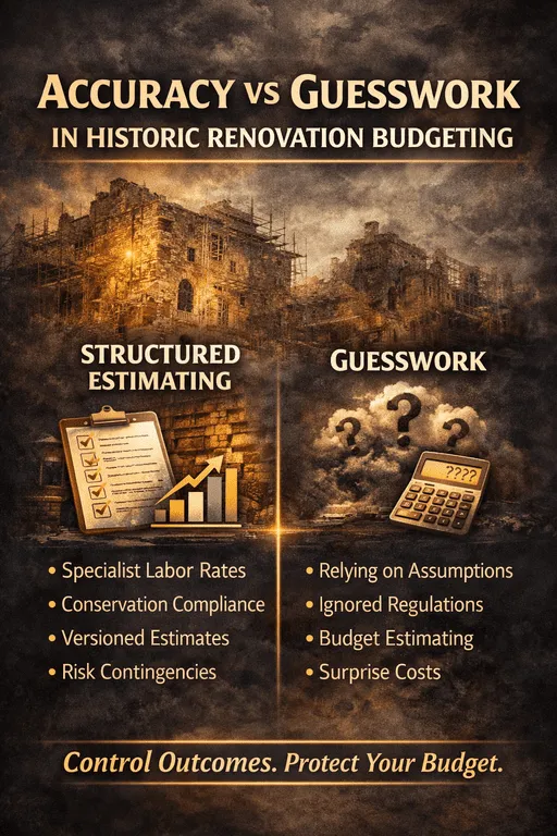 Vertical infographic comparing accuracy versus guesswork in historic renovation budgeting, showing structured estimating methods against uncertain cost assumptions in high-risk renovation projects