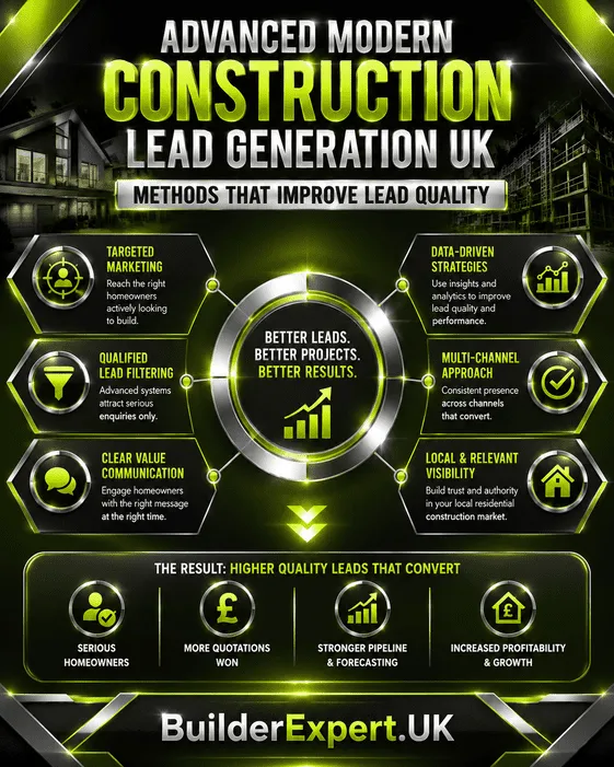 Professional dark pistachio green and black construction infographic highlighting advanced modern construction lead generation UK methods that improve lead quality, increase quotation opportunities, strengthen forecasting visibility, and improve long-term residential construction profitability.