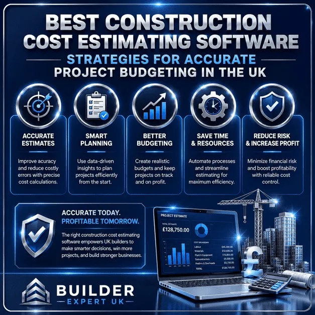 Infographic on construction cost estimating software for accurate UK project budgeting and pricing