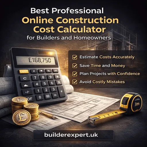 Infographic explaining how an online construction cost calculator estimates UK building project costs for builders and homeowners