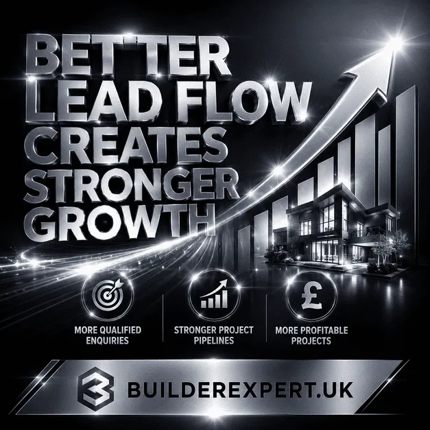 Professional dark silver construction infographic showing how better lead flow creates stronger growth through more qualified enquiries, stronger project pipelines, and more profitable residential construction projects.