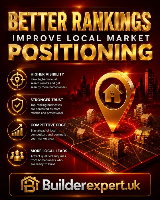 Professional red and gold construction infographic showing how better rankings improve local market positioning through higher visibility, stronger trust, competitive advantages, and more qualified local residential leads.