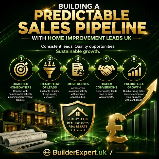 Square infographic titled "Building a Predictable Sales Pipeline with Home Improvement Leads UK" featuring a premium dark green background with glossy gold graphics, a sales pipeline flow, qualified homeowner icons, a modern house, a British pound symbol, growth chart, and visual elements representing consistent lead generation, higher conversions, and sustainable business growth. BuilderExpert.uk branding appears at the bottom.