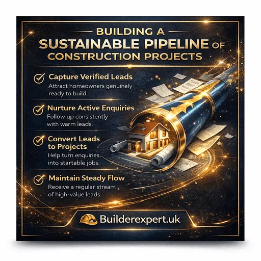 Building a Sustainable Pipeline of Construction Projects infographic showing how builders generate consistent construction leads and convert them into residential projects