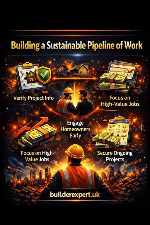 Infographic showing how builders can build a sustainable pipeline of work using verified project information, early homeowner engagement, and high-value residential jobs