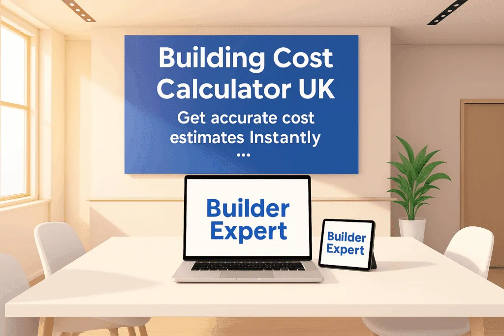 A digital illustration of an office scene featuring a laptop and tablet displaying the Builder Expert logo, promoting a Building Cost Calculator UK tool with a clear blue banner in the background.