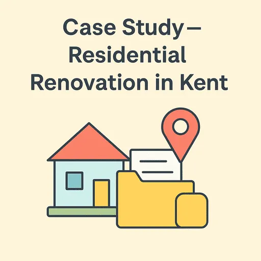 “Infographic illustrating a residential renovation case study in Kent, featuring a house, project folder and location marker.”