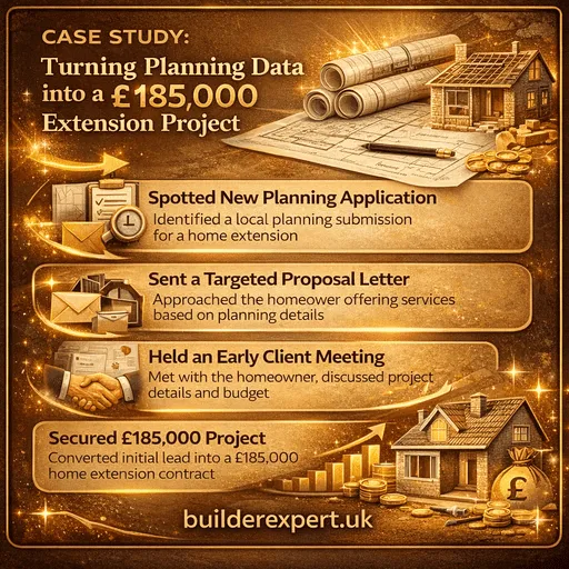 Case study infographic showing how planning application leads UK helped secure a £185000 residential extension project