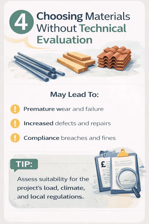 Vertical infographic explaining the risks of choosing construction materials without proper technical evaluation in UK renovation projects