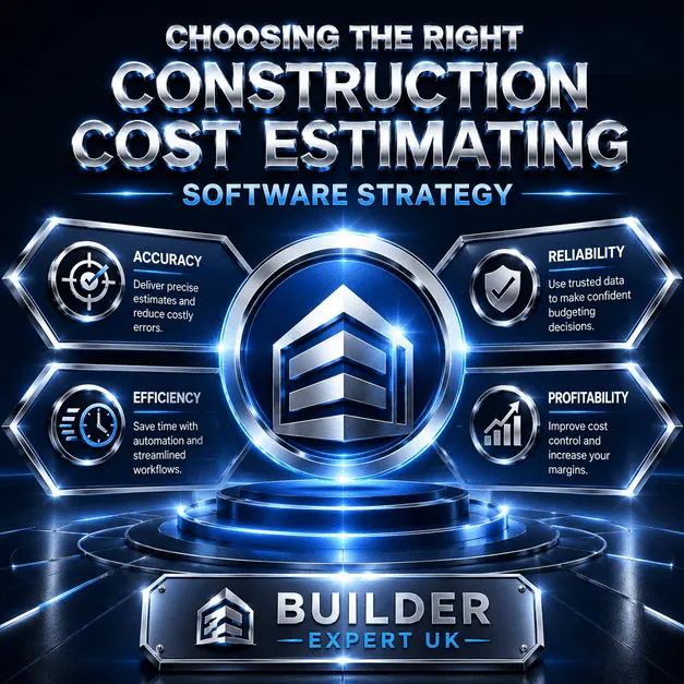 Professional blue and silver construction infographic about choosing the right construction cost estimating software strategy, featuring accuracy, efficiency, reliability, and profitability concepts by Builder Expert UK.