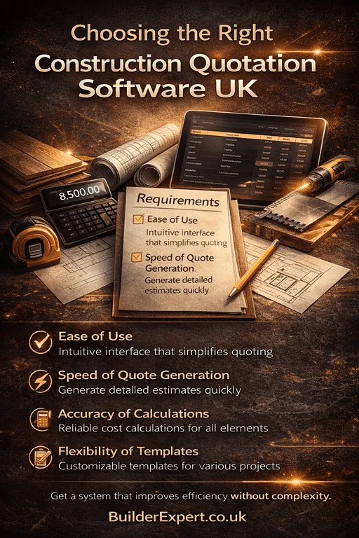 Infographic showing how to choose the right construction quotation software UK with key features like ease of use, speed, accuracy, and flexible templates.