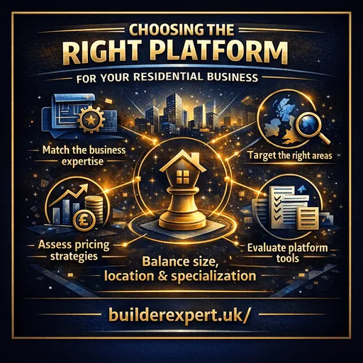 Infographic explaining how to choose the right construction leads platform for a residential building business, focusing on size, location, pricing strategy, and specialisation in 2026.