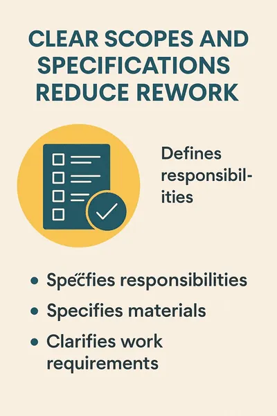 Infographic showing how clear scopes and specifications reduce rework in residential renovation projects by defining responsibilities, materials, and work requirements clearly.