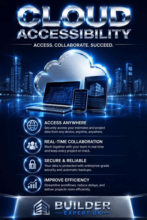 Professional blue and silver cloud accessibility infographic for construction estimating software, featuring secure remote access, real-time collaboration, efficiency, and cloud-based project management by Builder Expert UK.
