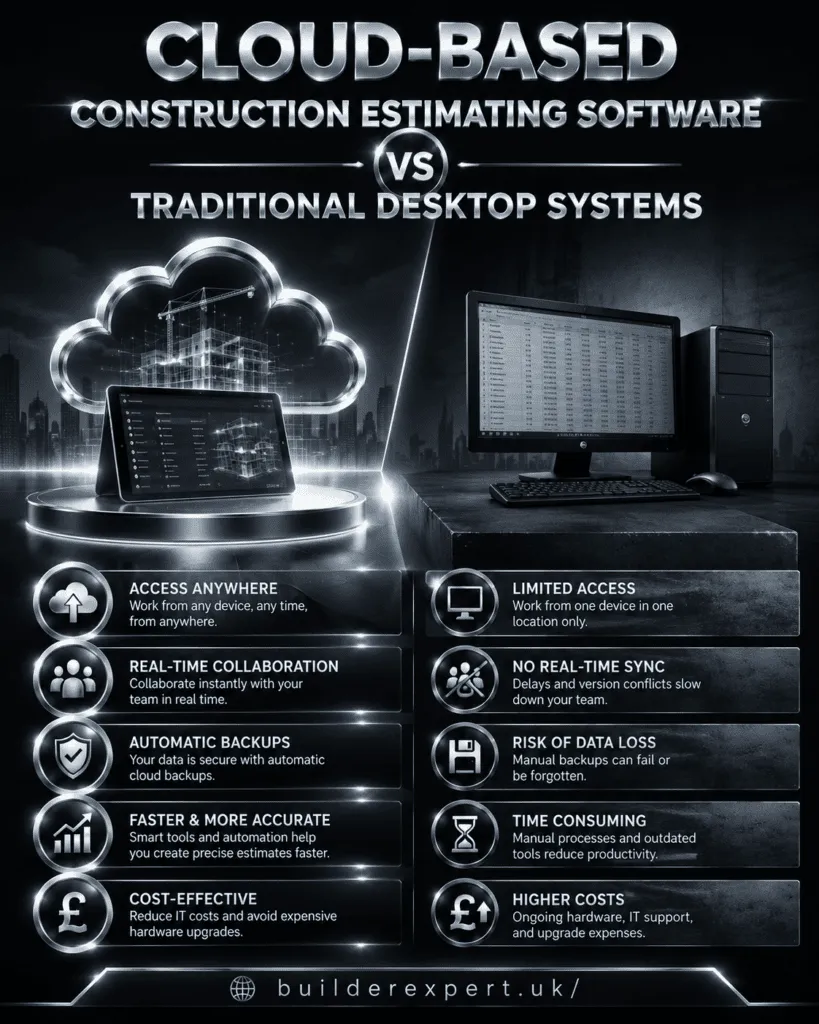 Cloud-Based Construction Estimating Software vs Traditional Desktop Systems infographic comparing accessibility, collaboration, security, and estimating efficiency for construction businesses.