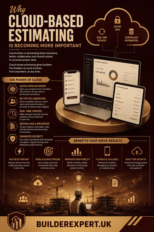 Cloud-based estimating infographic showing how builders improve project collaboration, pricing accuracy, remote access, budgeting control, and workflow efficiency using modern construction estimating software.