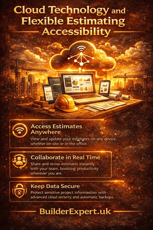 Cloud technology and flexible estimating accessibility infographic showing remote construction estimating, real-time collaboration, and secure project data management