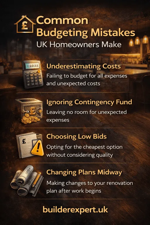 Infographic showing common budgeting mistakes UK homeowners make during kitchen renovations, including underestimating costs, ignoring contingency, choosing low bids, and changing plans midway.