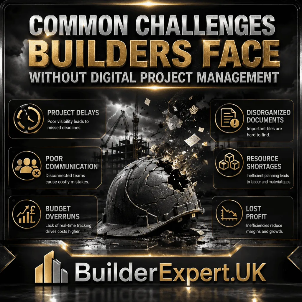 Alt Text Common Challenges Builders Face Without Digital Project Management infographic featuring construction project delays, poor communication, budget overruns, disorganised documentation, resource shortages, and reduced profitability. The visual uses a dark grey and black construction theme with premium metallic effects, highlighting the operational risks builders face when relying on manual project management processes.