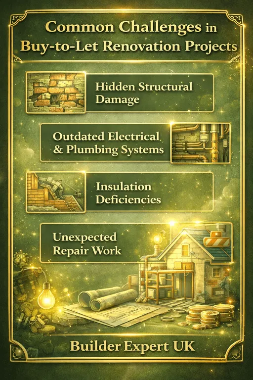 Infographic showing common challenges in buy-to-let renovation projects including hidden structural damage, outdated systems, insulation issues, and unexpected repair costs.
