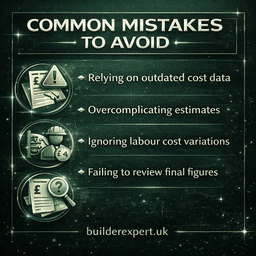 Infographic showing common mistakes to avoid in cost estimating software construction including outdated data, overcomplicated estimates, labour cost errors, and missing final reviews