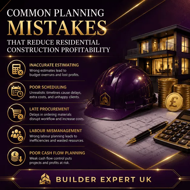 Professional dark aubergine and gold construction infographic showing common planning mistakes that reduce residential construction profitability, including inaccurate estimating, poor scheduling, late procurement, labour mismanagement, and poor cash flow planning.