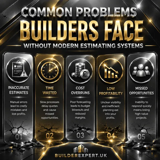 Professional dark grey and metallic construction infographic showing common problems builders face without modern estimating systems, including inaccurate estimates, cost overruns, low profitability, operational delays, and missed residential project opportunities.