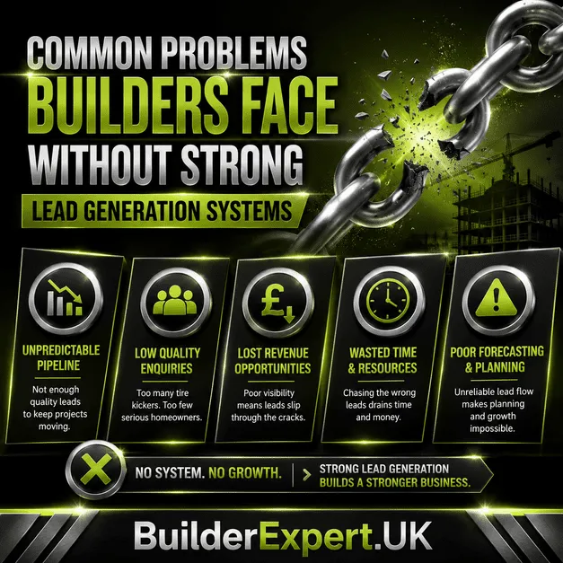 Professional dark pistachio green and black construction infographic highlighting common problems builders face without strong lead generation systems, including poor forecasting, inconsistent enquiries, lost revenue opportunities, operational inefficiency, and unstable residential project pipelines.
