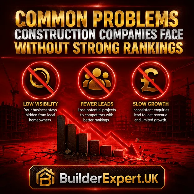 Professional dark red and gold construction infographic showing common problems construction companies face without strong rankings, including fewer visitors, lower-quality leads, and slower business growth.