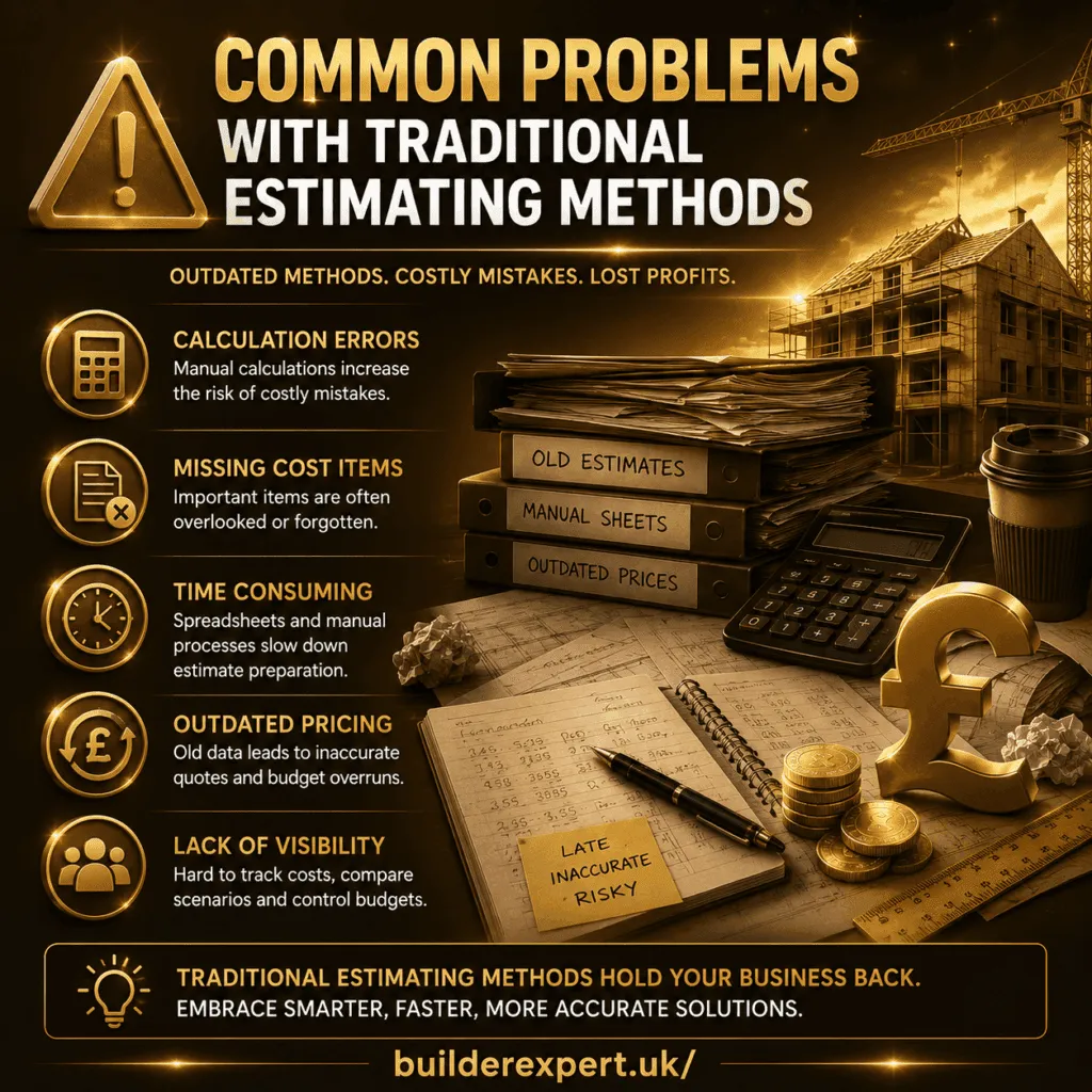 Alt Text Common Problems with Traditional Estimating Methods infographic highlighting calculation errors, missing cost items, outdated pricing, slow estimating processes, and poor cost visibility. The design features traditional construction estimating paperwork, manual calculations, and British pound (£) cost management elements, demonstrating the risks of outdated estimating methods.
