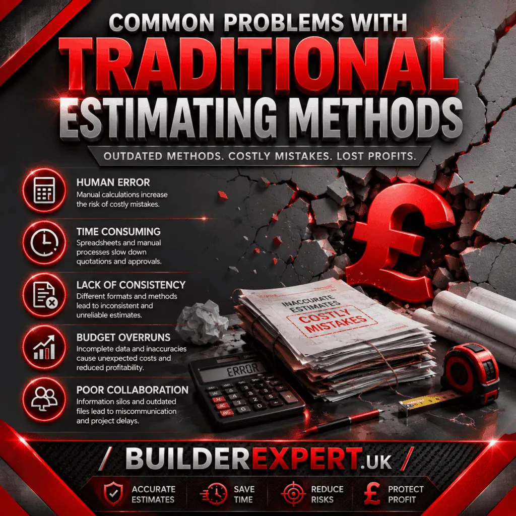 Common Problems with Traditional Estimating Methods infographic showing calculation errors, budget overruns, inconsistent pricing, poor collaboration, and time-consuming manual processes. The design features construction documents, a calculator, and a British pound (£) symbol in BuilderExpert.UK branding.
