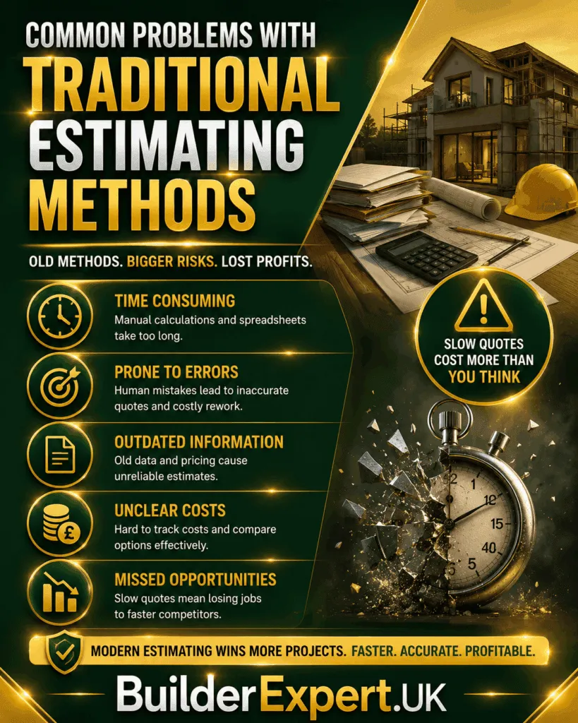 Caption Traditional estimating methods often create delays, increase the risk of errors, and make it difficult to maintain accurate pricing. As construction projects become more complex, builders need faster, more reliable estimating processes to remain competitive and profitable. BuilderExpert.UK.
