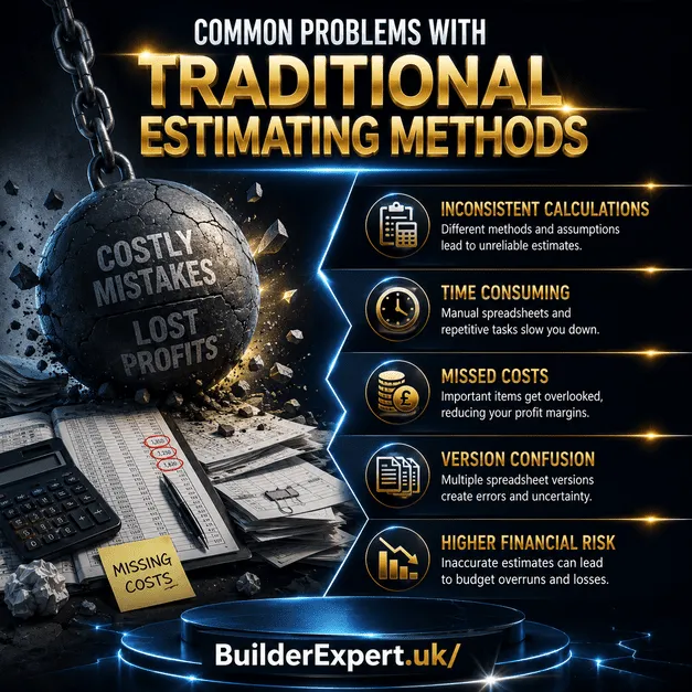 Square infographic titled "Common Problems with Traditional Estimating Methods" showing the challenges of manual construction estimating, including inconsistent calculations, time-consuming spreadsheets, missed costs, version confusion, and higher financial risk. The design features a dramatic dark background with premium gold and blue graphics, highlighting the benefits of moving to digital estimating with BuilderExpert.