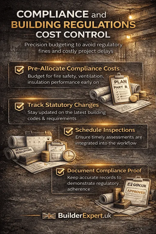 Compliance and Building Regulations cost control infographic showing budgeting for fire safety, ventilation, inspections and regulatory approval in basement projects