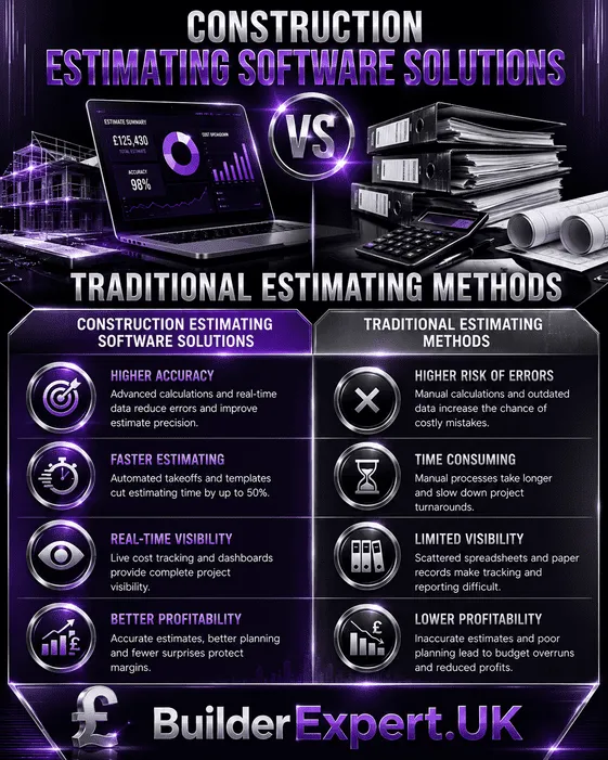 Professional dark purple and black construction infographic comparing construction estimating software solutions with traditional estimating methods, highlighting forecasting accuracy, faster quotations, operational visibility, budgeting control, and improved residential construction profitability.