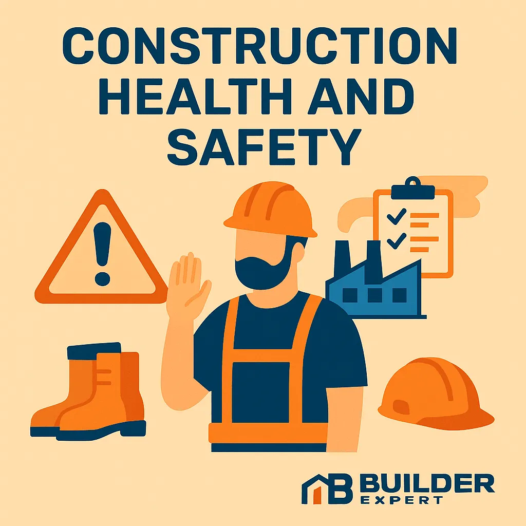 Infographic on construction health and safety in the UK covering legal duties, common site risks and prevention