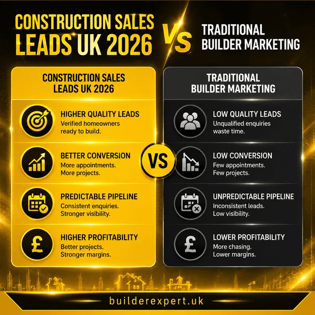 Professional yellow and gold construction infographic comparing construction sales leads UK 2026 systems with traditional builder marketing, highlighting stronger lead quality, higher conversions, predictable project pipelines, and improved residential profitability.