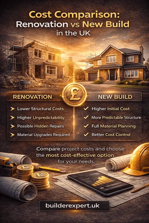 Infographic comparing renovation vs new build costs in the UK, highlighting £ cost differences, planning factors, and project considerations.