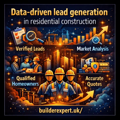 Infographic showing data-driven lead generation in residential construction using planning data, market analysis, qualified homeowners, and accurate estimating for UK builders