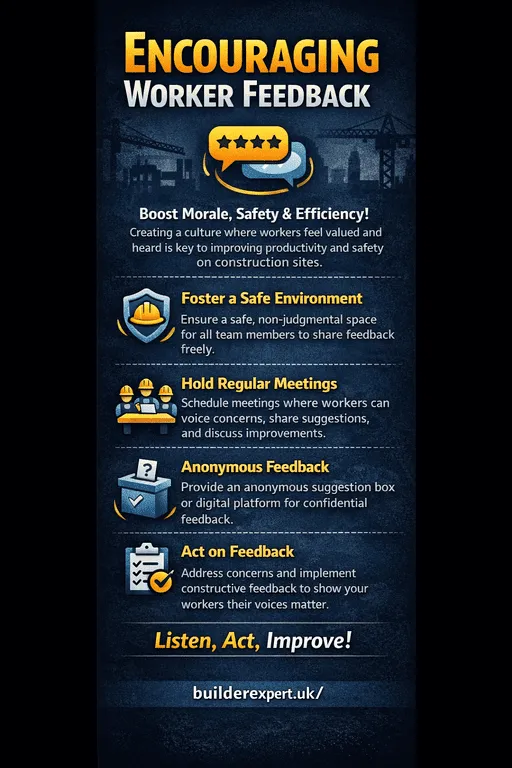 Vertical infographic encouraging worker feedback in residential construction to improve safety, morale, and productivity.