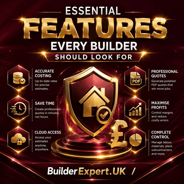 Square infographic titled "Essential Features Every Builder Should Look For" featuring a premium dark burgundy background with glossy visual effects, professional construction-themed graphics, a central shield icon, and key features including accurate costing, cloud access, professional PDF quotations, time-saving, complete cost control, and higher profitability. A UK pound (£) symbol is included, with BuilderExpert.UK branding at the bottom.