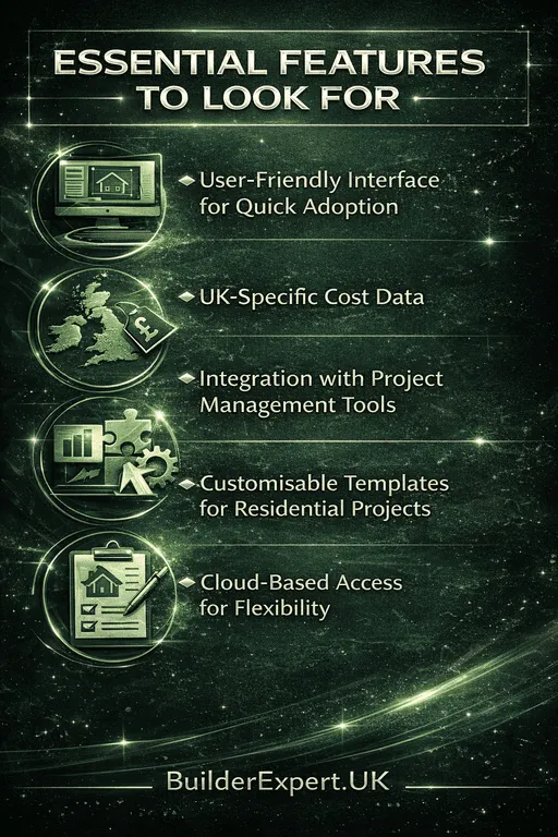 Infographic showing essential features to look for in cost estimating software construction including user-friendly interface, UK cost data, integrations, templates, and cloud access