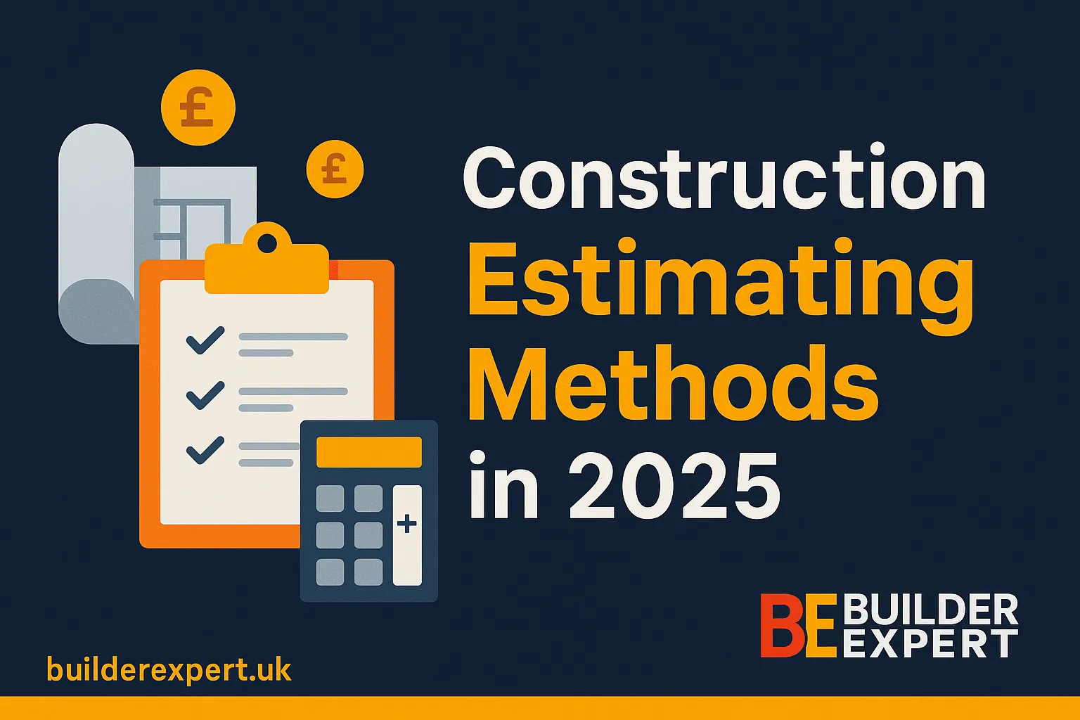 🖼️ Alt Text: Banner image titled Construction Estimating Methods in 2025 featuring calculator, blueprint, and £ icons in Builder Expert’s orange, navy, and yellow construction theme.