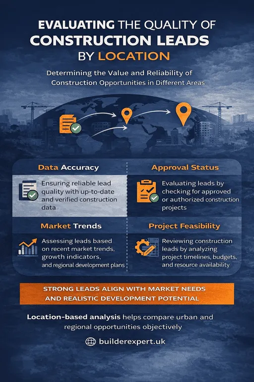 Infographic evaluating the quality of construction leads by location, focusing on data accuracy, approval status, market trends, and project feasibility.