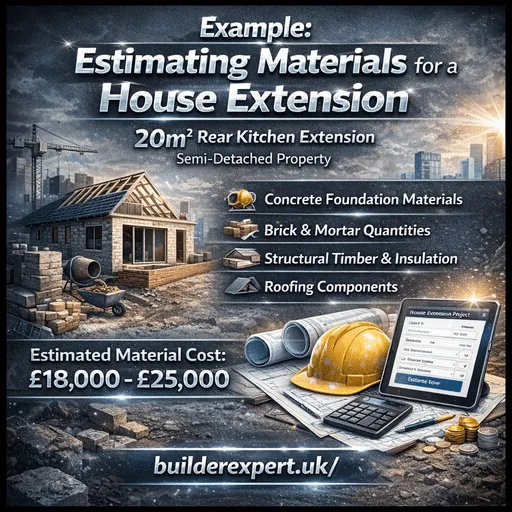 Infographic showing an example of estimating materials for a 20m² house extension using a construction materials online estimator with estimated material costs and key building components.