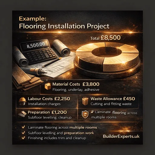 Infographic showing flooring installation project cost breakdown with £8,500 total, including materials, labour, preparation, and waste costs in a professional construction estimate.