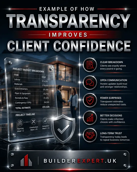 Infographic showing how transparency in construction projects improves client confidence through clear pricing, communication, and cost visibility